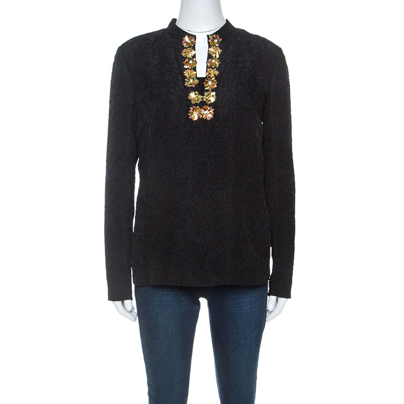 Tory Burch Black Embossed Silk Embellished Tunic Top M, Shirts & Tops - Luxury Closet
