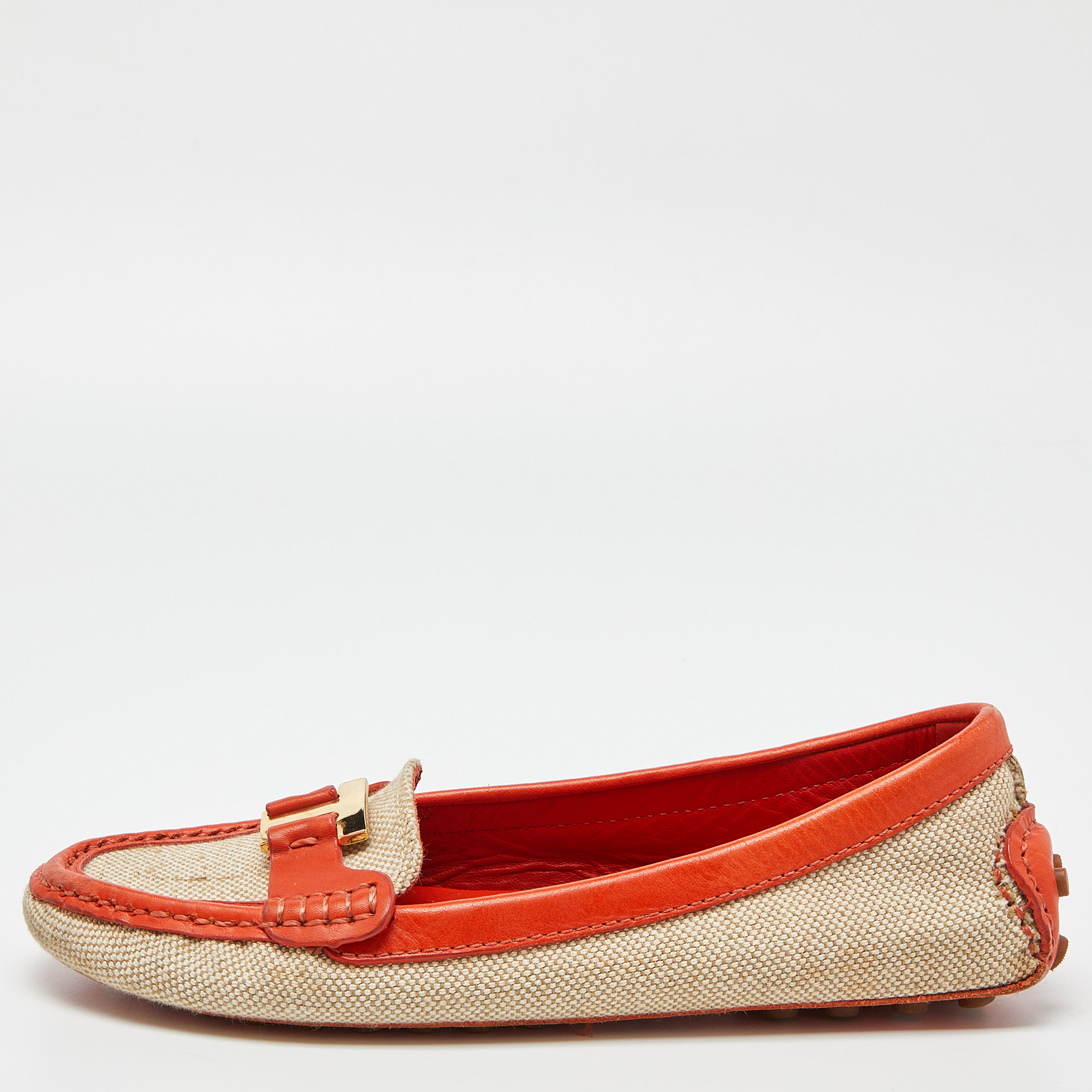 Tory Burch Beige/Orange Canvas and Leather Casey Loafers Size 37.5, Loafers & Slip-Ons - Luxury Closet catalog