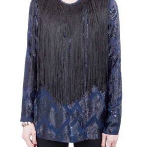 Yigal Azrouel Navy Blue Chevron Pattern Silk Fringe Detail Blouse S, Shirts & Tops - Luxury Closet catalog