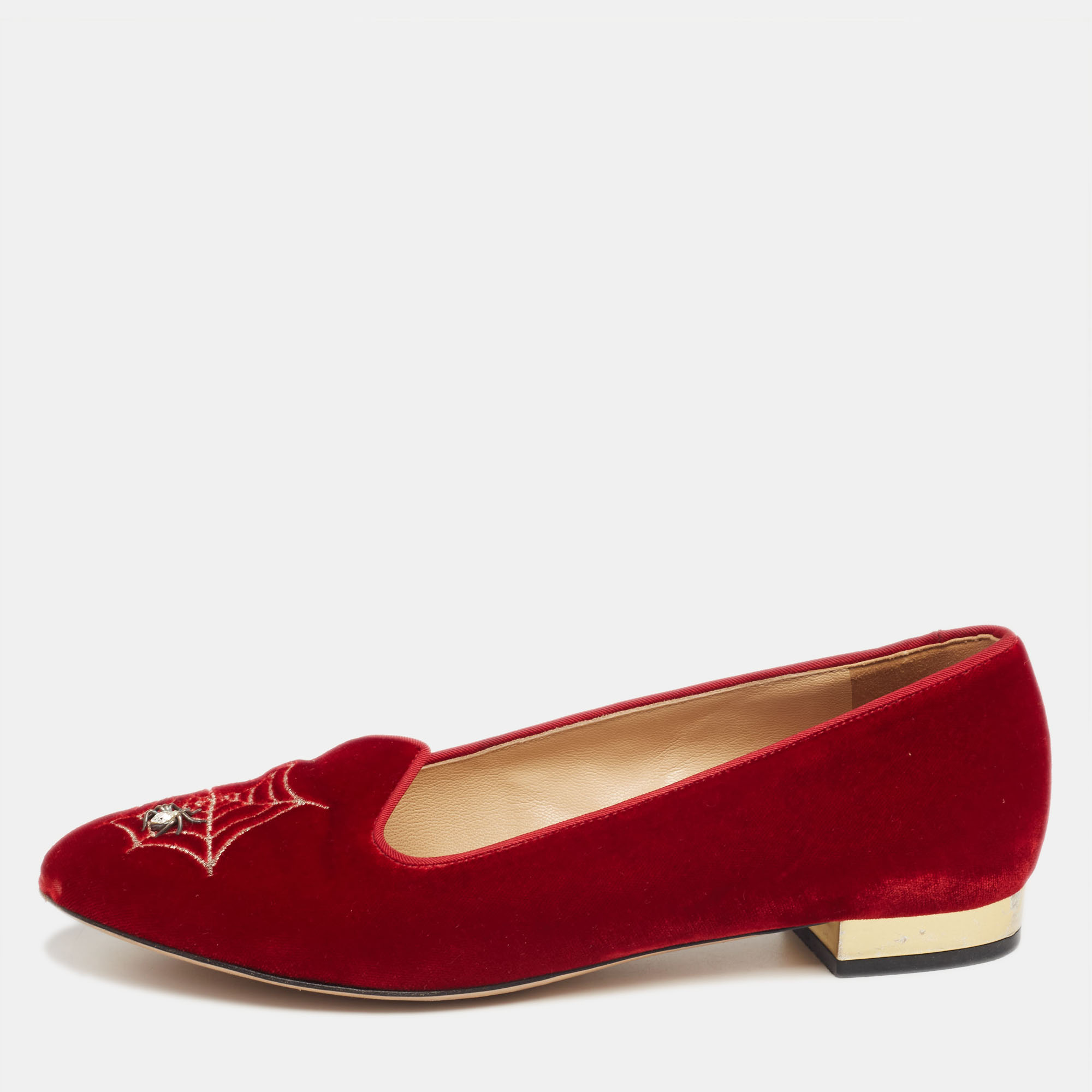 Charlotte Olympia Red Velvet Embroidered Accent Loafers Size 37.5, Loafers & Slip-Ons - Luxury Closet catalog