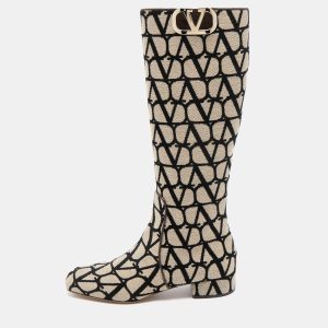 Valentino Beige/Black Canvas Toile Iconographe Knee Length Boots Size 38, Boots - Luxury Closet catalog