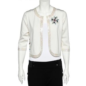 Versace Jeans Couture White Silk Knit Sequin Embellished Open Front Shrug L, Sweaters & Cardigans - Luxury Closet catalog