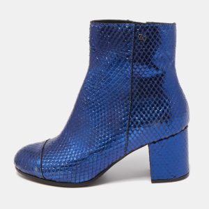 Zadig & Voltaire Blue Python Embossed Leather Block Heel Ankle Booties Size 36, Boots - Luxury Closet