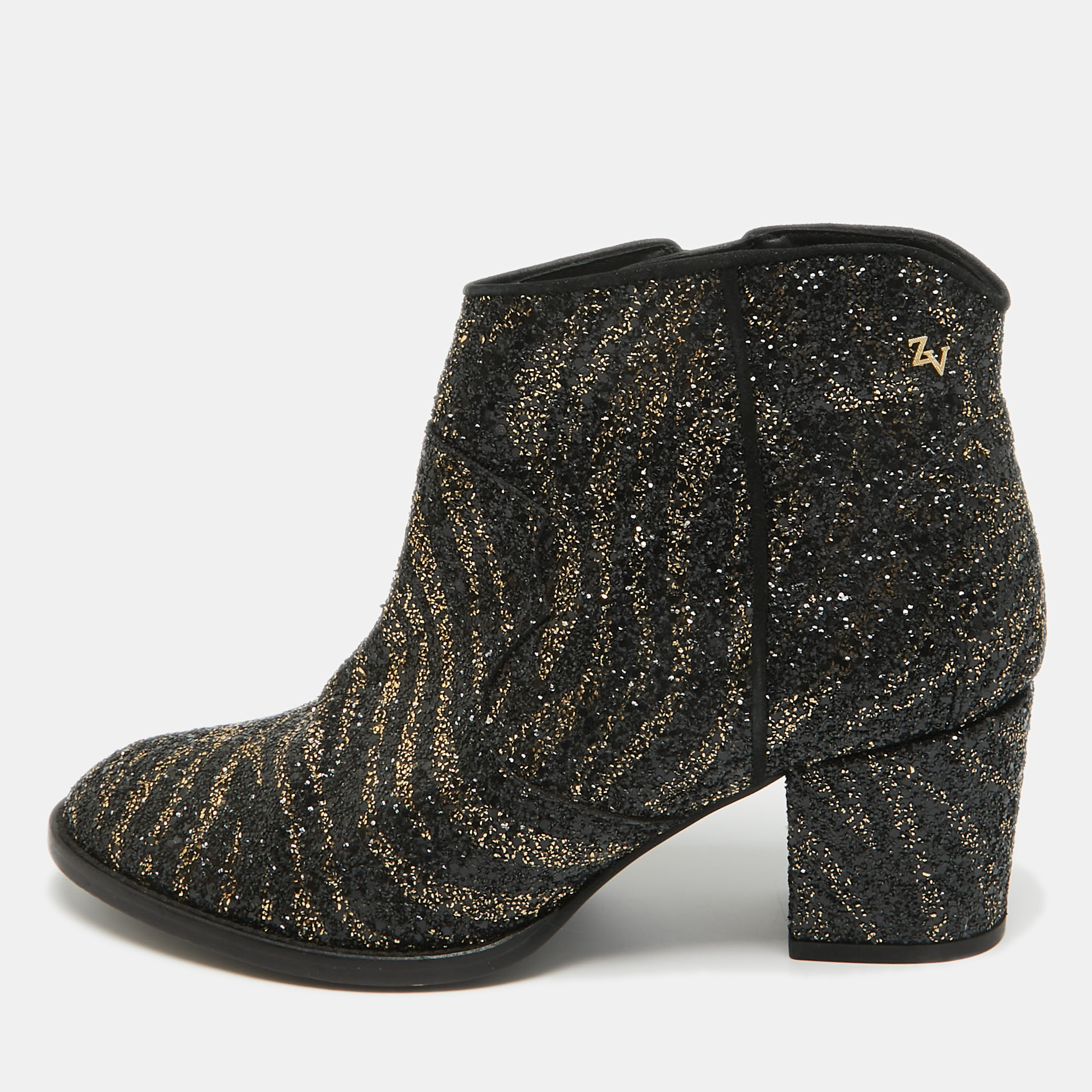Zadig & Voltaire Black/Gold Glitter Block Heel Ankle Boots Size 40, Boots - Luxury Closet catalog