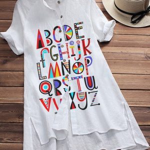 White Letter Simple Cotton-Blend Top, Blouses & Shirts, Roselinlin - Online Catalog