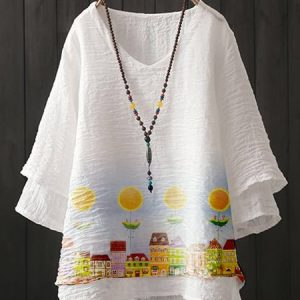 White Cotton-Blend Crew Neck Casual Floral Shirt, Blouses & Shirts, Roselinlin - Online Catalog