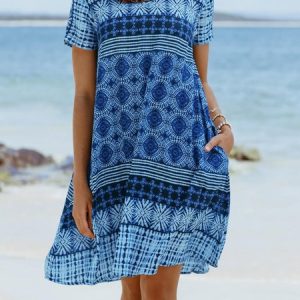 Cotton-Blend Short Sleeve Printed Weaving Dress, Midi Dresses, Roselinlin - Online Catalog