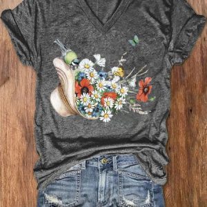 Casual Floral V Neck Short Sleeve T-shirt, T-shirts, color:Gray|size:XXL, catalog Noracora shop