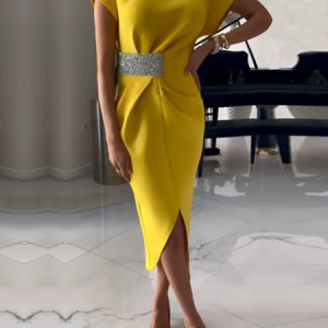 Elegant Stand Collar Waist Design Midi Dress, Midi Dresses, color:Yellow|size:XXL, Stylewe