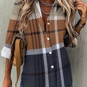 Long Sleeve Plaid Regular Loose Shirt For Women, Shirts, color:Khaki|size:3XL, catalog Noracora shop