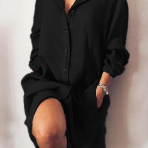 Women Plain Shirt Collar Long Sleeve Comfy Casual Mini Dress, Dresses, color:Black|size:4XL, catalog Noracora shop