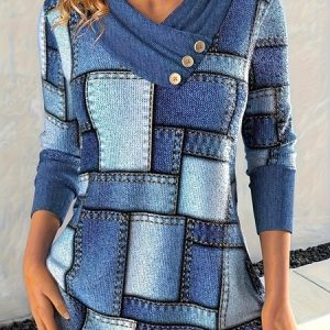 Crew Neck Long Sleeve Plaid Regular Loose Blouse For Women, Blouses, color:Blue|size:5XL, catalog Noracora shop