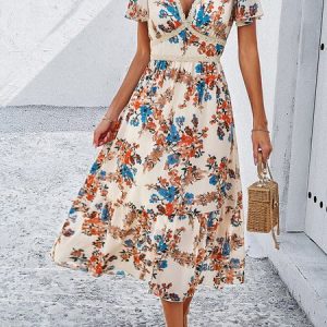 Women Floral V Neck Short Sleeve Comfy Casual Lace Maxi Dress, Dresses, color:Apricot|size:XL, catalog Noracora shop
