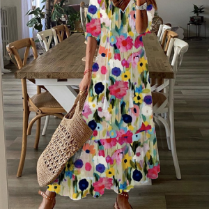 Women Floral V Neck Long Sleeve Comfy Casual Maxi Dress, Maxi, color:Multicolor|size:XXL, catalog Noracora shop