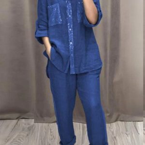 Women Color Block V Neck Half Sleeve Comfy Casual Glitter Top With Pants Two-Piece Set, Sets, color:Blue|size:5XL, catalog Noracora shop