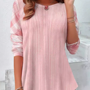 Casual Plaid Crew Neck Long Sleeve T-shirt, T-shirts, color:Pink|size:3XL, catalog Noracora shop