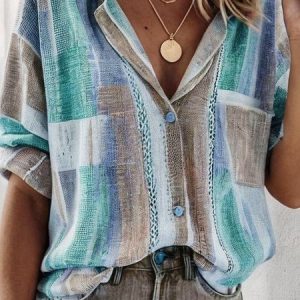 Women Shirt Long Sleeve Color Block Open Front Regular Loose Blouse, Shirts, color:Green|size:XXL, catalog Noracora shop