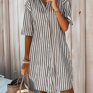 Women Striped Shirt Collar Half Sleeve Comfy Casual Midi Dress, Short, color:Black|size:XXL, catalog Noracora shop