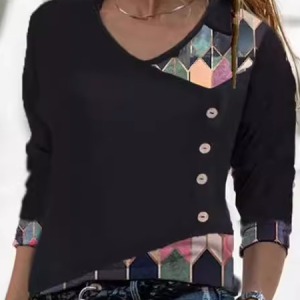 V Neck Long Sleeve Abstract Graphic Regular Loose Blouse For Women, Blouses, color:Black|size:XXL, catalog Noracora shop