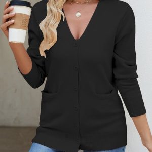 Women Yarn/Wool Yarn Plain Long Sleeve Comfy Casual Pocket Stitching Cardigan, Cardigans, color:Black|size:XL, catalog Noracora shop