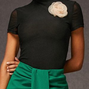 High Elasticity Shirt With Removable Flower, Blouses and Shirts, color:Black|size:XXL, Stylewe