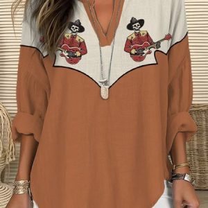 V Neck Long Sleeve Color Block Regular Loose Blouse For Women, Blouses, color:Caramel|size:3XL, catalog Noracora shop