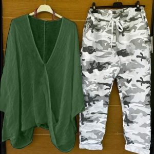 Women Camo V Neck Three Quarter Sleeve Comfy Casual Top With Pants Two-Piece Set, Sets, color:Green|size:5XL, catalog Noracora shop