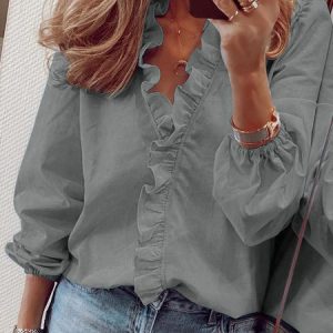 Women's Ruffled V-Neck Long Sleeve Plain Elegant Blouse, JustFashionNow Shirts, color:Gray|size:5XL,