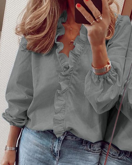 Women's Ruffled V-Neck Long Sleeve Plain Elegant Blouse, JustFashionNow Shirts, color:Gray|size:5XL,