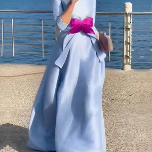 Elegant Dress With Belt And Bow Accessory, Maxi Dresses, color:Blue|size:XXL, Stylewe