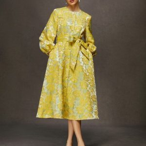 Elegant Crew Neck Floral Midi Dress with Belt, Midi Dresses, color:Yellow|size:XXL, Stylewe