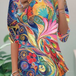 Casual Abstract Crew Neck Long Sleeve T-shirt, Blouses, color:Multicolor|size:XXL, catalog Noracora shop