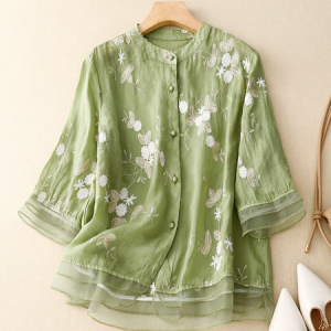 Women's Half Sleeve Shirt Summer Embroidery Patterns Cotton Stand Collar Daily Going Out Casual Top Off White, JustFashionNow Blouses, color:Green|size:XXL,