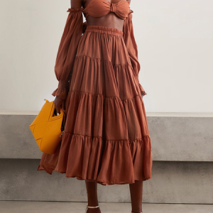 Women Plain Strapless Long Sleeve Comfy Vacation Ruched Maxi Dress, Dresses, color:Orange|size:L, catalog Noracora shop