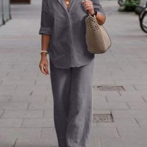 Women Plain Shirt Collar Short Sleeve Comfy Casual Top With Pants Two-Piece Set, Sets, color:Gray|size:5XL, catalog Noracora shop