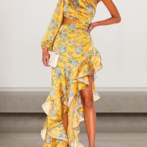 Women Floral One Shoulder Sleeveless Comfy Sexy Maxi Dress, Dinner dress, color:Golden|size:L, catalog Noracora shop