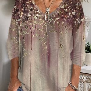 Casual Abstract V Neck Long Sleeve T-shirt, T-shirts, color:Coffee|size:XXL, catalog Noracora shop