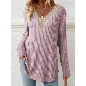 Crew Neck Long Sleeve Polka Dots Lace Regular Micro-Elasticity Loose Blouse For Women, Blouses, color:Pink|size:XXL, catalog Noracora shop