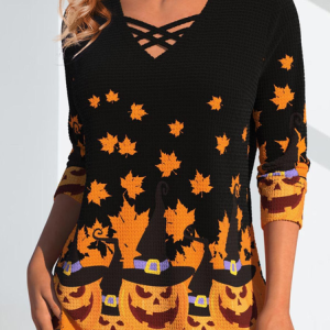 Cross Neck Long Sleeve Halloween Lace Regular Micro-Elasticity Loose Blouse For Women, Blouses, color:Black|size:3XL, catalog Noracora shop