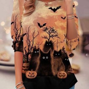 Vintage Cat Crew Neck Long Sleeve T-shirt, Blouses, color:Orange|size:XXL, catalog Noracora shop