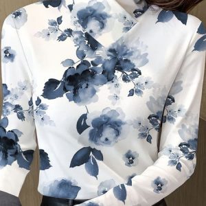 Long Sleeve Floral Printing Regular Micro-Elasticity Regular Fit Blouse For Women, Blouses, color:Deep Blue|size:XXL, catalog Noracora shop