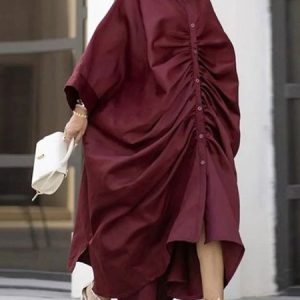 Daily Plain Ruched Casual Loose Shirt Dress, Maxi Dresses, color:Wine Red|size:XXL, Stylewe