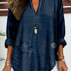 Notched Long Sleeve Random Print Regular Loose Shirt For Women, Blouses, color:Purplish Blue|size:XXL, catalog Noracora shop