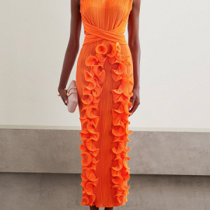 Women Plain V Neck Short Sleeve Comfy Vacation Ruched Maxi Dress, Dresses, color:Orange|size:S, catalog Noracora shop