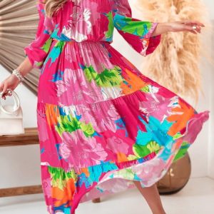 Women Floral Boat Neck Long Sleeve Comfy Casual Maxi Dress, Maxi, color:Deep Pink|size:XL, catalog Noracora shop
