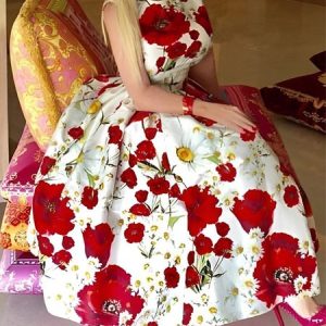 Regular Fit Floral Elegant Crew Neck Midi Dress, Midi Dresses, color:As Picture|size:XXL, Stylewe