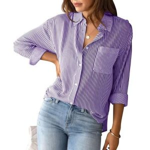 Shirt Collar Long Sleeve Striped Regular Loose Shirt For Women, Shirts, color:Purple|size:3XL, catalog Noracora shop