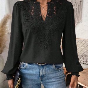 Notched Long Sleeve Plain Lace Regular Loose Blouse For Women, Blouses, color:Black|size:XXL, catalog Noracora shop