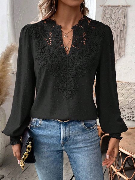 Women's Long Sleeve Blouse Spring/Fall Plain Lace Notched Daily Going Out Casual Top Light Purple, JustFashionNow Blouses, color:Black|size:XXL,