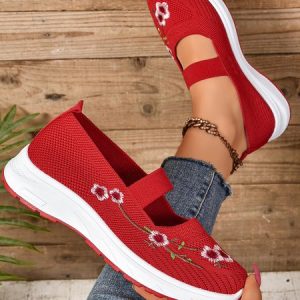 Casual Floral Slip On Flat Heel Shallow Shoes Embroidery, Flats/Loafers, color:Red|size:43, catalog Noracora shop